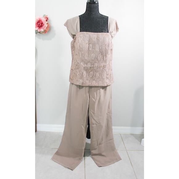 New 3-Pc Size 16W Champagne Lace & Chiffon Pants Set Formal Wedding Bridal Guest - Picture 3 of 3